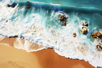 Top view sandy beach. Panoramic view of sandy beach. Sea wave rolls on shore coast from air. Aerial photography of sea wave. Ocean and beach. Copy space landscape. Realistic clipart template pattern.