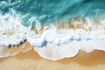 Top view brown sandy beach. Panoramic view of sandy beach. Blue sea wave rolls on shore coast from air. Aerial photography of sea wave. Ocean and beach. Copy space landscape.	