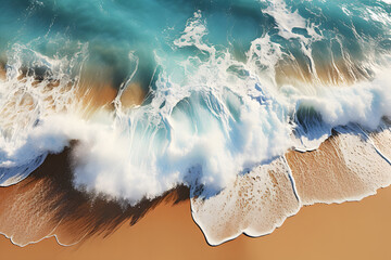 Top view brown sandy beach. Panoramic view of sandy beach. Blue sea wave rolls on shore coast from air. Aerial photography of sea wave. Ocean and beach. Copy space landscape.	
