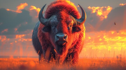 a painting of a bison standing in a field of grass with a sunset in the back ground and clouds in the sky. - obrazy, fototapety, plakaty