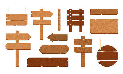 Vector illustration set of different wooden signboard, plaque, planks,wooden blank, banners and ribbons. Button for games or site. Vintage or old sings, pointers collection. Flat style.