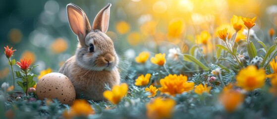 a rabbit sitting in a field of flowers with an egg in the foreground and an egg in the foreground.