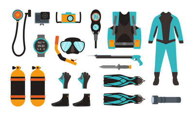 Set of Diving Equipment Snorkeling Masks, Scuba Diver Tools Underwater Glasses, Mouthpiece Tube for Swimming, Balloons, Flippers, Life Buoy, Knife. Watch, Gloves, Pressure Gauge. Cartoon Vector Icons