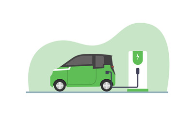 Flat vector illustration of a red electric car charging at the charger station. Electromobility e-motion concept.