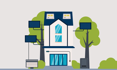 Modern House with Solar Panels on the Roof. Eco House, Energy Effective House, Green Energy concept banner design. Flat style vector illustration.