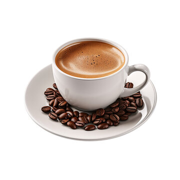 a cup of coffee on a saucer with coffee beans