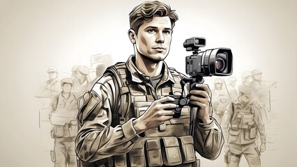 Illustrations of reporter as a soldier holding camera, world press freedom day - obrazy, fototapety, plakaty