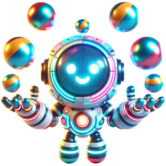 A friendly robot with a big digital smile juggles vibrant, colorful spheres on a white background, creating a sense of joy and playfulness