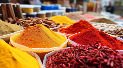 Colorful spices and dyes found at asian or african market. Exotic herbs and spices at a market stall. Canisters of natural dyes