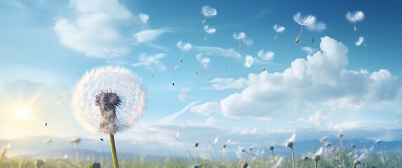dandelion seeds flying in the air in a field of grass