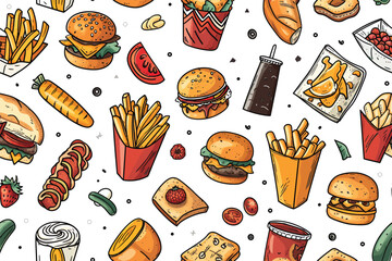 Vector Seamless Watercolor Pattern colorful Design a colorful vintage background with  hand-drawn fast food design
