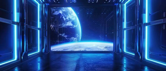 spaceship interior with blue lighting and a rectangle window that shows a space planet in the background