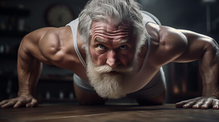 A strong old man doing push-ups and exercising in the fitness center.