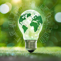 A 3D rendering of a light bulb with a green world map illustrates global sustainability and eco-friendly innovation, set against a bokeh background for an environmental concept