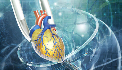 Fototapeta na wymiar Angioplasty stent with human heart on scientific background. 3d illustration.
