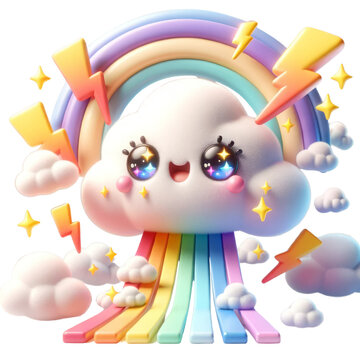 Animated cloud with a cute expression, surrounded by a colorful rainbow, lightning bolts, and stars, set against a backdrop of smaller clouds