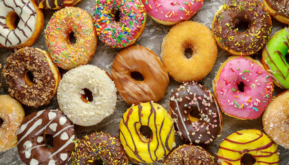 Background of Assorted Donuts (Doughnuts) of Various Flavors