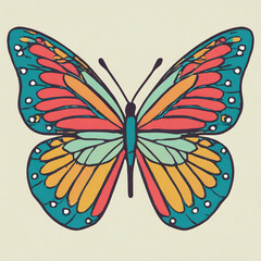 Beautiful groovy butterfly  hand drawn illustrations set. Stock pop clip art in Hippie 60s 70s style. Peace. Pacific.