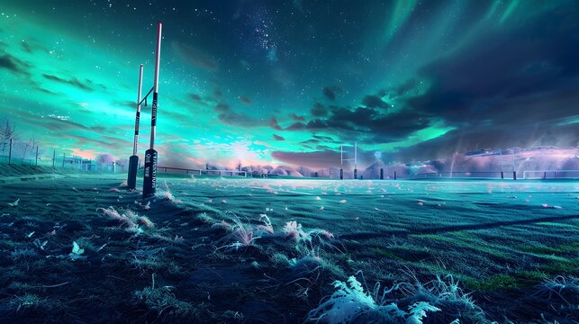Rugby Field Transformed Northern Lights Ethereal Hues and Phosphorescent Glow