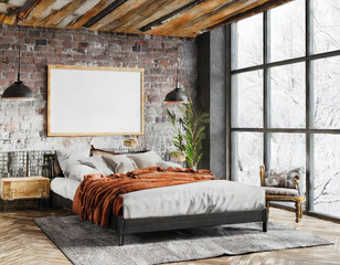 Bedroom interior in loft, industrial style, frame mockup, 3d render