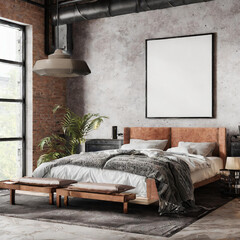 Bedroom interior in loft, industrial style, frame mockup, 3d render