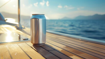 A refreshing can of drink on the deck of a boat with the ocean stretching out to the horizon, basking in the warm glow of the setting sun. Product Mockup - obrazy, fototapety, plakaty