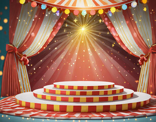 Circus stage podium background 3D carnival light red show curtain. Circus platform stage podium tent theater arena sign vintage spotlight circle stand