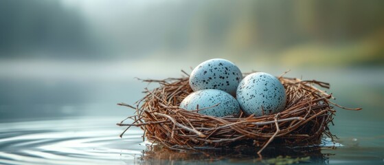 a nest of three eggs sitting on top of a body of water with water ripples around it and trees in the background.