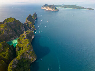 An aerial view of the small Phi Phi island in the middle of the sea