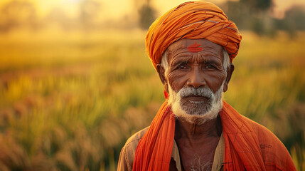 Porrait of an indian farmer in a paddy field.