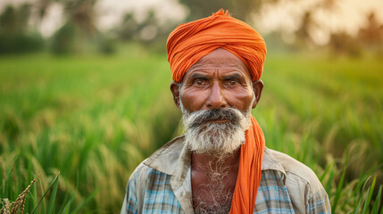 Portrait of an indian farmer in a paddy field.