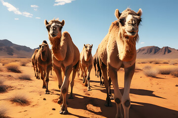 Brown camels walking down the road in desert in bright sunlight. Camelidae are highly tolerant animals. It can live in remote places such as deserts very well. Wildlife eat leafy foods in desert.	