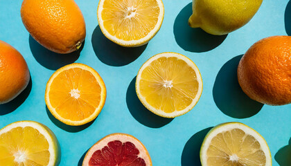 Flat lay pattern with summer citrus fruit on blue background. Minimal concept with sharp shadows....