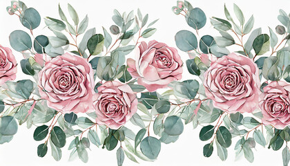 Floral border frame with pink roses flowers, eucalyptus branches and leaves. Perfect for wedding stationery, greetings, wallpapers, fashion, home decoration. Hand painted illustration.