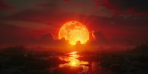 Deurstickers A gigantic Sun touching he horizon in a hazy sunset with all its detail exposure. AI generative © SANGHYUN