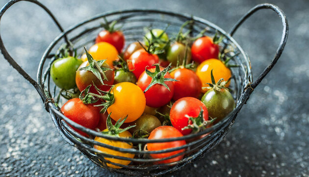 Harvest of colorful small round cherry tomatoes in a dark wire metal basket, a mix of genes from wild currant tomatoes and garden tomatoes on dark background, with copy space