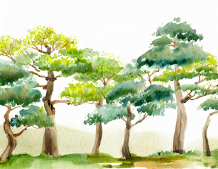 Japanese botanic wallpaper forest, seamless border with trees, watercolor drawing, painting, artwork detailed