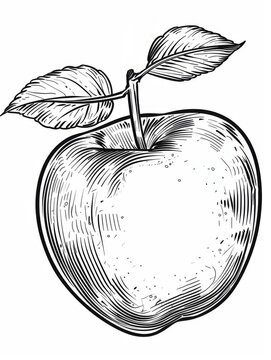 Detailed black and white line drawing of an apple with stem and leaves. A close-up image of a vibrant, juicy red apple with water droplets, showcasing its freshness and natural beauty. 