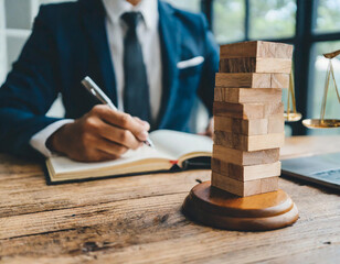 Legal consultant and lawyer concept. Businessman stacking wooden block with law law legal justice icon. Legal advice in Labor law for a business company legal - Powered by Adobe