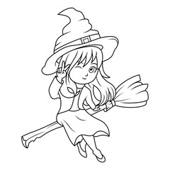 Cartoon little witch flying use a broomstick line art