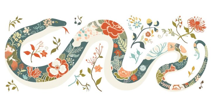 snake with a simple white background and a vibrant flowery pattern painted on its body that resembles a flowering garden