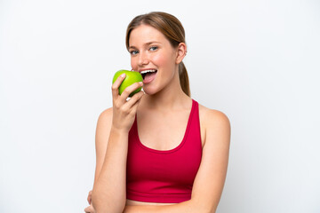 Young pretty blonde woman isolated on white background eating an apple