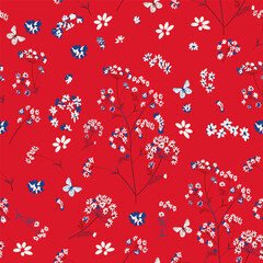 Cute rustic vector hand drawn pattern with ditsy flowers on red