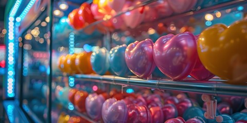 blue, pink rubber hearts and cute teddy within a claw machine - obrazy, fototapety, plakaty