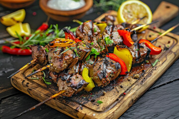 Exquisite Grilled Meat Skewers & Shish Kebab with Vegetables on a Wooden Board - Delightful Dining...