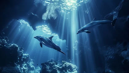 Fotobehang A flock of dolphins underwater amidst the glare of sunlight generated AI © Tatiana