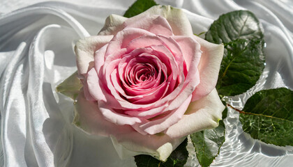 Pink rose flower bouquet in water with silk fabric. Valentines or woman's day background design. Minimal flat lay nature.