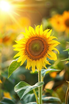 Sunflowers in full bloom, a field of sunflowers with sun rays and  blurred background