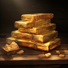 a stack of gold bars on a wooden surface