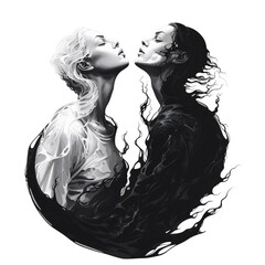 a black and white image of two women